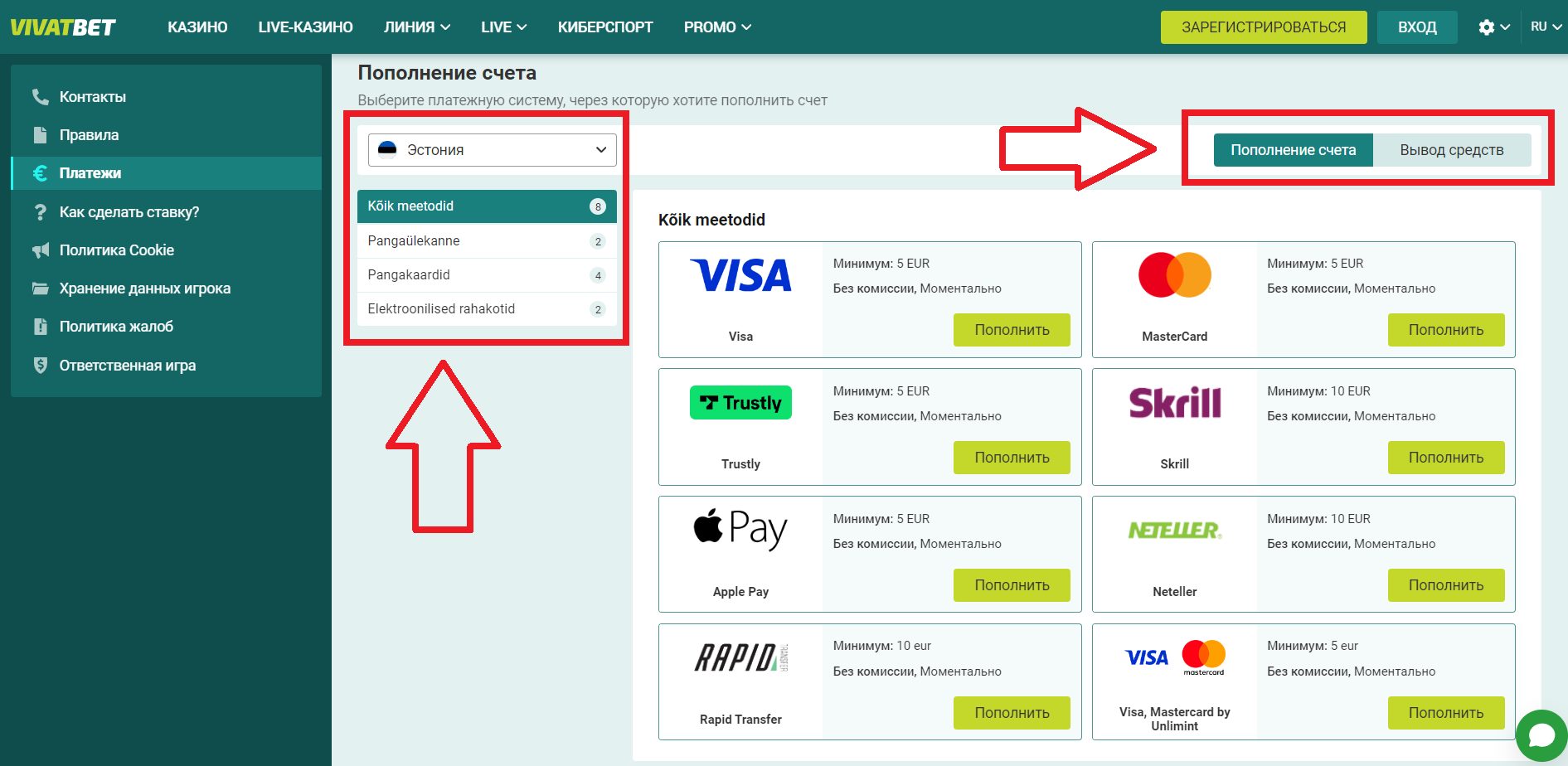 Vivatbet способы оплаты